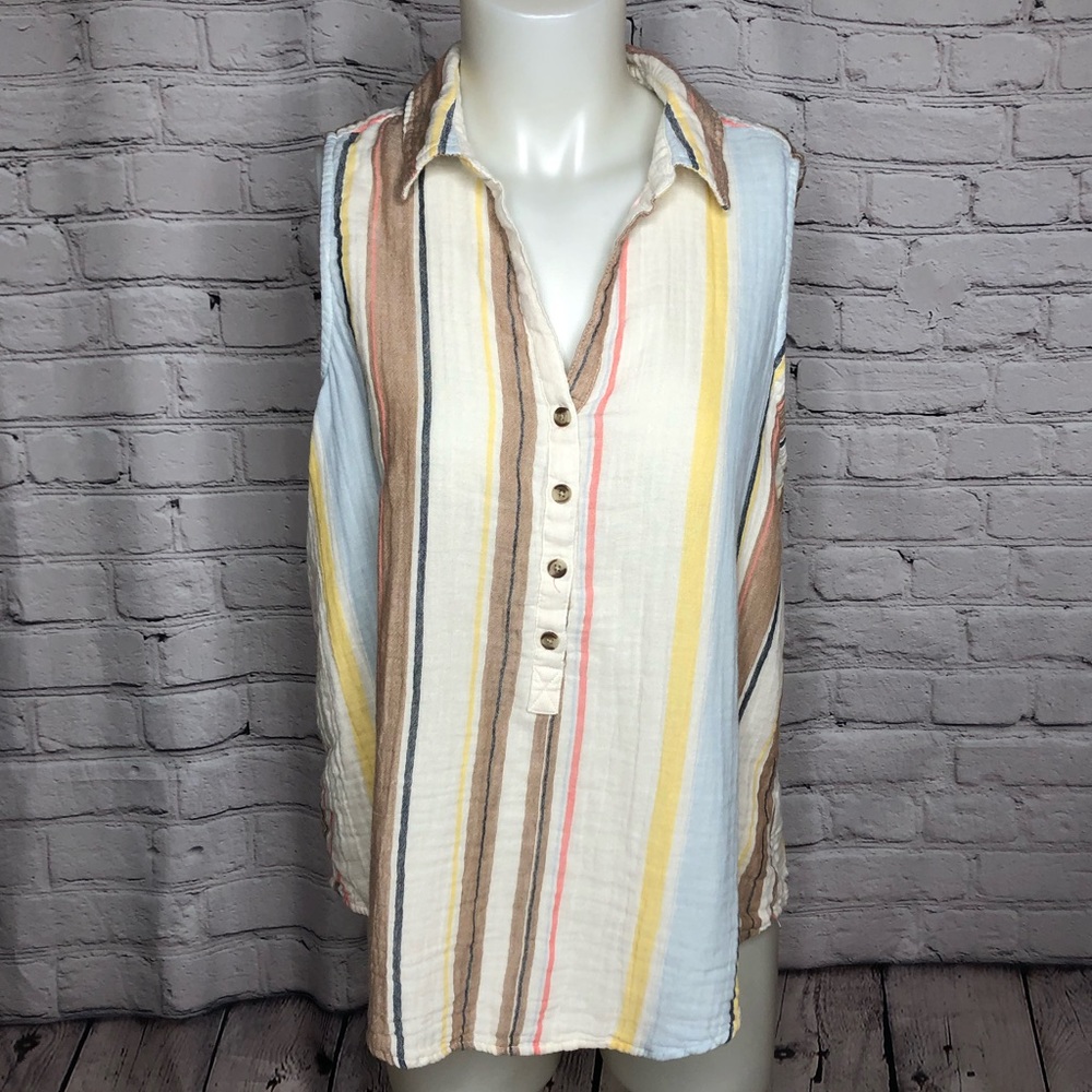Time & Tru retro striped partial button down tank top with collar size L
